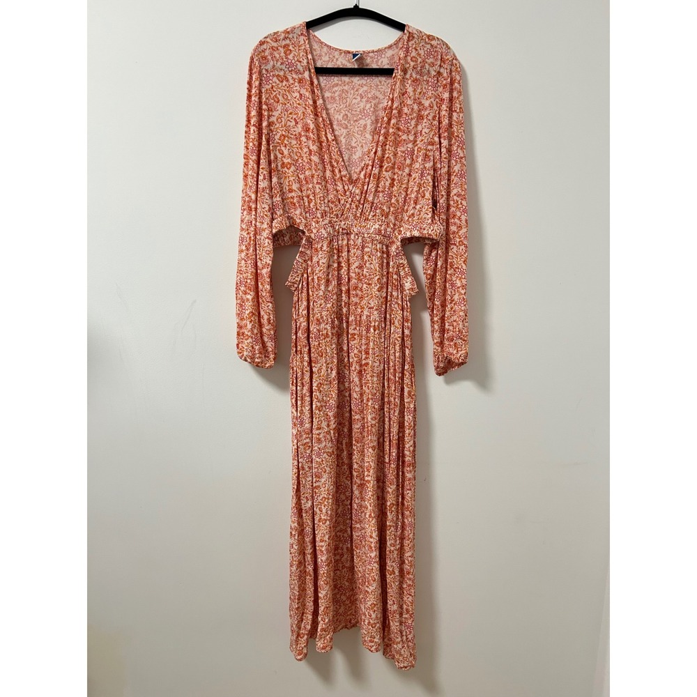 Old Navy Floral‎ Print V Neck Cutout Maxi Dress Peach Womens XL Long Sleeve Boho